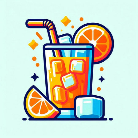 Cocktail with ice cubes, orange slices and straw. Vector illustration.のイラスト素材