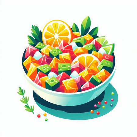 Vector illustration of a bowl of fruit salad with orange and lemon slicesのイラスト素材