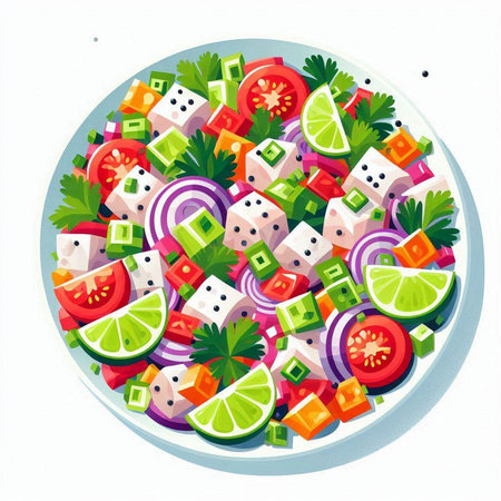 Salad with tofu, tomato, cucumber, onion and parsley. Vector illustration.のイラスト素材