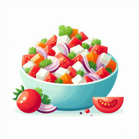 Vegetable salad in a bowl on a white background. Vector illustration.のイラスト素材