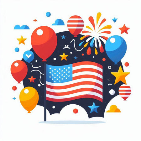 Flag of United States of America with balloons, confetti and stars. Vector illustrationのイラスト素材