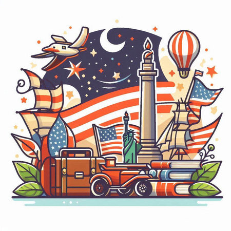 Vector illustration of american symbols. Travel and tourism. Flat design.のイラスト素材