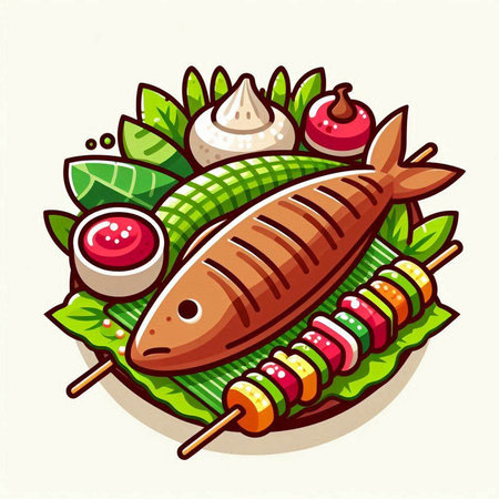 Illustration of a fish on a skewer with vegetables and sauceのイラスト素材