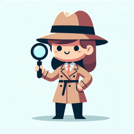 Girl detective with a magnifying glass. Vector illustration in cartoon styleのイラスト素材