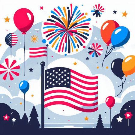 Flag of United States of America with fireworks and balloons. Vector illustration.のイラスト素材