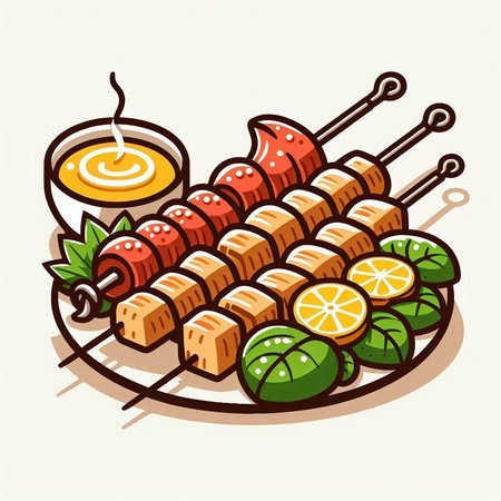 Skewers on skewers with lemon and sauce. Vector illustration.のイラスト素材