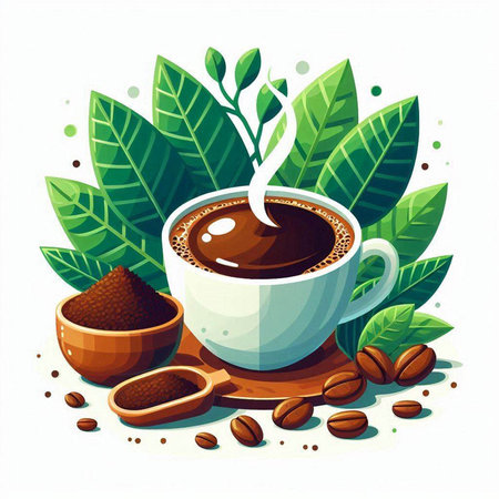 Coffee cup and beans on white background. Vector illustration.のイラスト素材