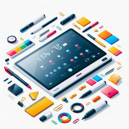Vector illustration of tablet computer with stationery on the white background.のイラスト素材