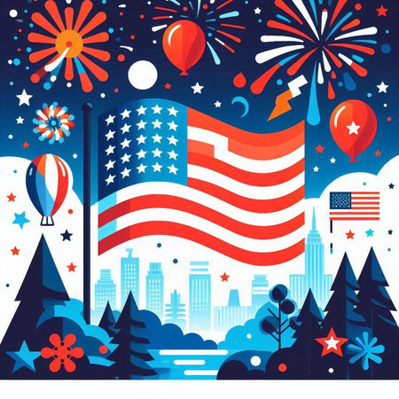 American flag on the background of the city and fireworks. Vector illustrationのイラスト素材