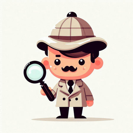 Cute detective with magnifying glass and mustache. Vector illustration.のイラスト素材