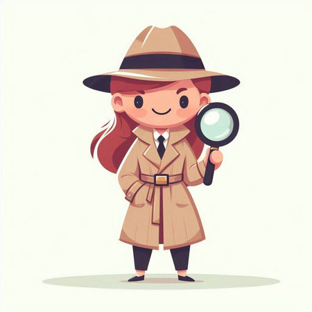 Cute little detective girl with magnifying glass. Vector illustration.のイラスト素材