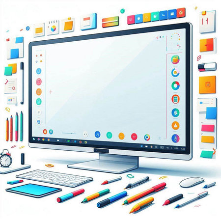 Computer screen with colorful graphics elements on white background. Vector illustration.のイラスト素材