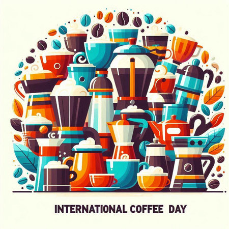 International Coffee Day poster with coffee beans and cups. Vector illustration.のイラスト素材
