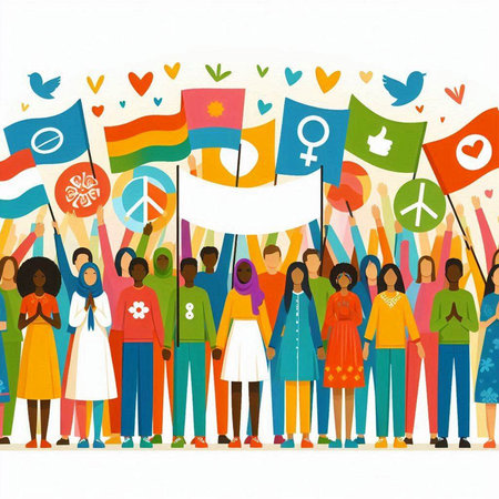 Vector illustration of a group of people holding banners and flags. International Day of Peaceのイラスト素材