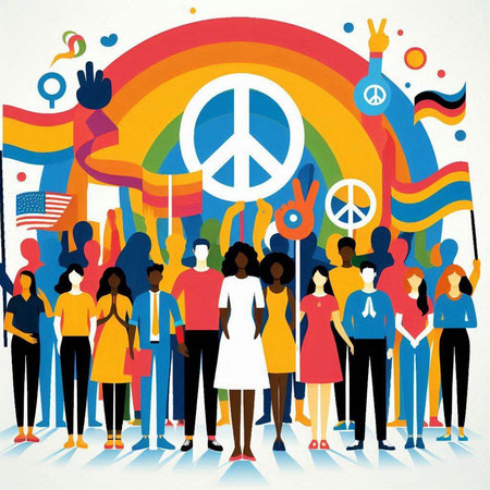 Group of people with peace sign and rainbow flag. Vector illustration.のイラスト素材