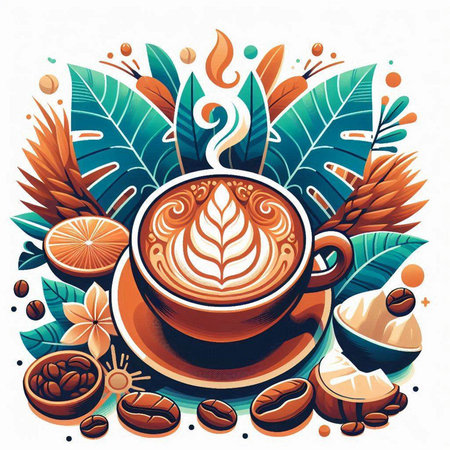 Cup of coffee with latte art and palm leaves. Vector illustration.のイラスト素材