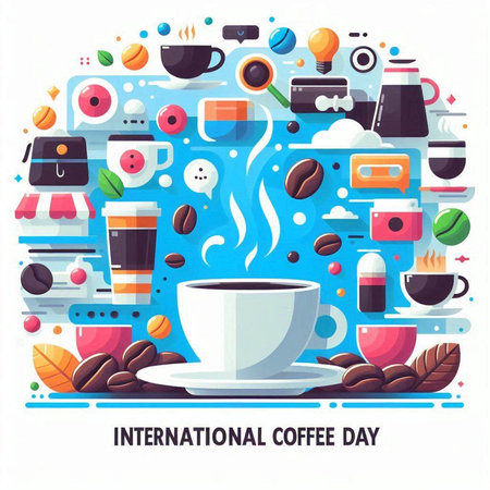 International Coffee Day banner with cup of coffee and coffee beans. Vector illustrationのイラスト素材