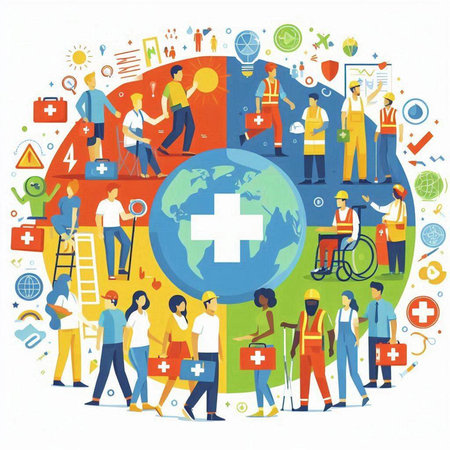 Vector illustration of group of people with health care symbols around the worldのイラスト素材