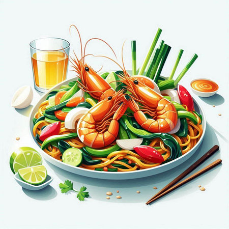 Seafood noodle with prawns and vegetables on white backgroundのイラスト素材