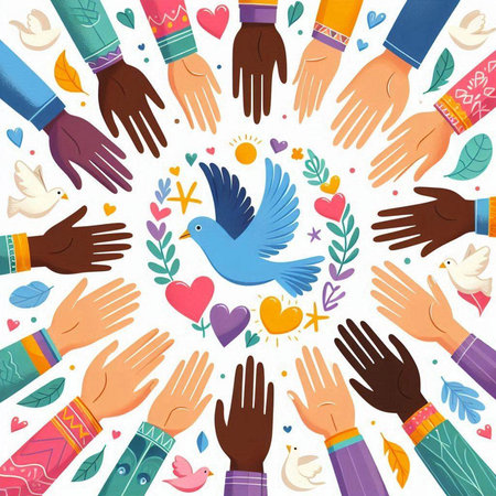 Hands of different ethnicities and religions. Vector illustration in cartoon style.のイラスト素材