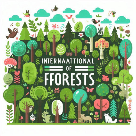 International Day of Forests. Vector illustration with forest and animals.のイラスト素材