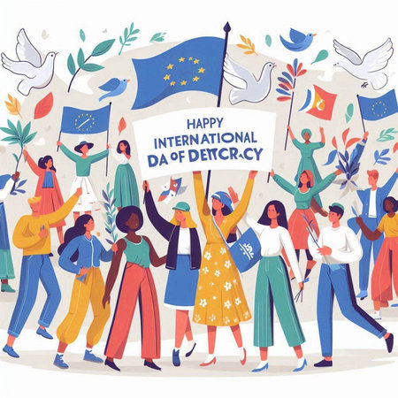 Happy international day of peace concept. Crowd of people with flags and banners.のイラスト素材