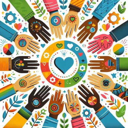 Circle of hands with different symbols and signs. Vector illustration.のイラスト素材
