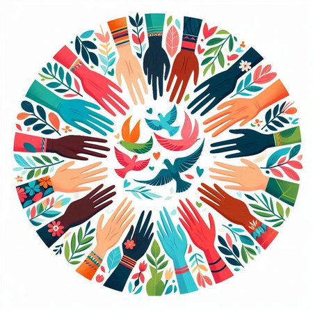 Hands of different ethnicities and religions in a circle. Vector illustration.のイラスト素材