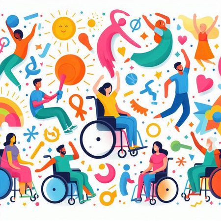 Disabled people flat vector illustration. Disabled people, handicapped men and women on wheelchair isolated cartoon characters on white background.のイラスト素材