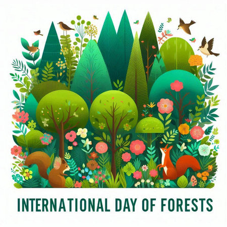 International Day of Forests. Vector illustration with forest and animals.のイラスト素材