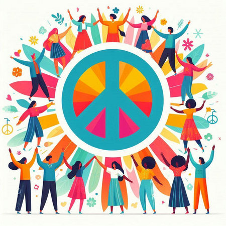 Happy people around the peace sign. Vector illustration in flat style.のイラスト素材