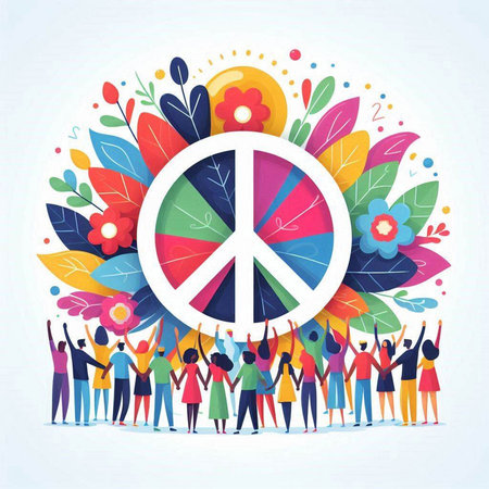 World peace day concept. People holding peace sign. Vector illustration.のイラスト素材