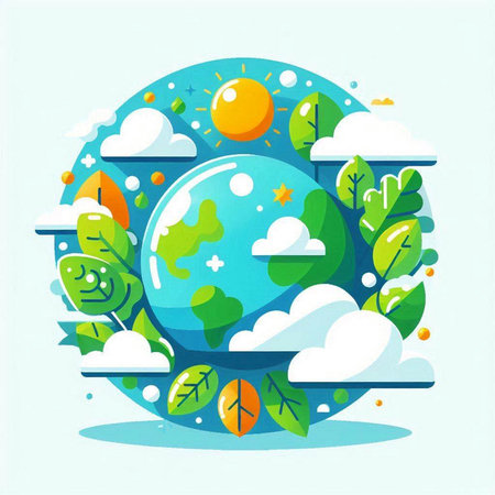 Ecology concept. Earth planet with clouds and leaves. Vector illustrationのイラスト素材