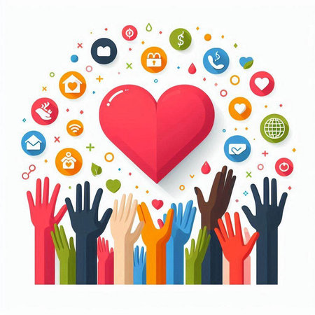 Volunteer hands with heart and social media icons. Vector illustrationのイラスト素材
