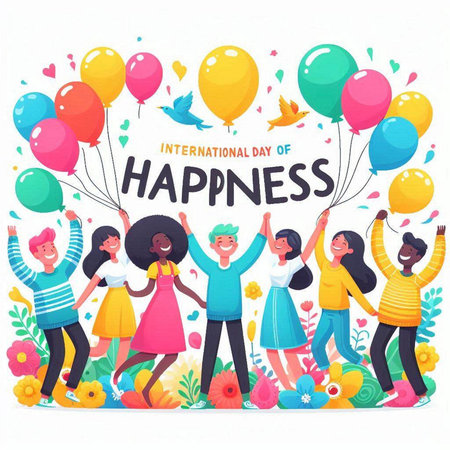 Happy children's day greeting card template with group of happy kids and balloons vector illustrationのイラスト素材