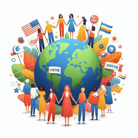 People holding hands around the world with flags and symbols. Vector illustration.のイラスト素材