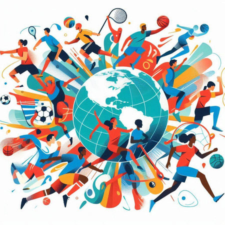 Illustration of a group of people playing tennis, tennis, badminton, baseball, basketball, football, rugby, tennis, tennis, tennisのイラスト素材