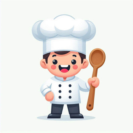 Chef boy cartoon character vector illustration. Cute cartoon little chef boy with wooden spoon.のイラスト素材