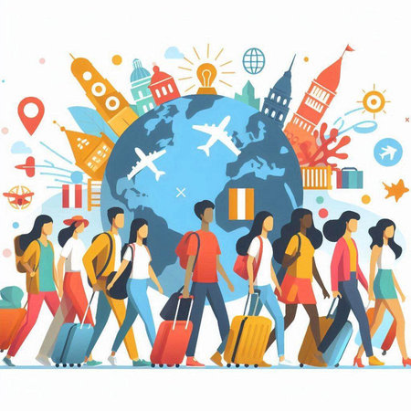 People traveling around the world. Flat style vector illustration on white background.のイラスト素材