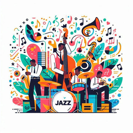 Musical instruments composition with man playing the saxophone, trumpet, trumpet, saxophone, saxophone, accordion, saxophone, saxophone, piano. Vector illustration in doodle styleのイラスト素材