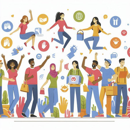 Vector illustration of a group of happy people and social media icons around them.のイラスト素材