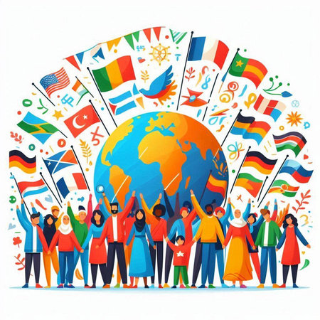 Group of happy international people with flags around the globe. Vector illustration.のイラスト素材