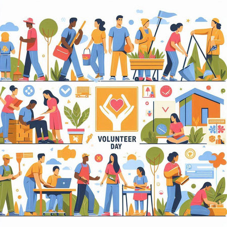 Volunteers and volunteers in the park. Flat style vector illustration.のイラスト素材