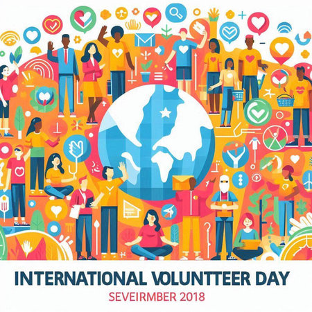 International Voluntary Day concept with people around globe, flat vector illustrationのイラスト素材