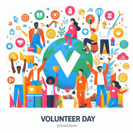 Volunteer day concept with people around globe and different icons. Vector illustrationのイラスト素材