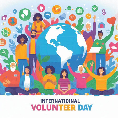 International Volunteer Day. Group of people around the globe. Vector illustration.のイラスト素材