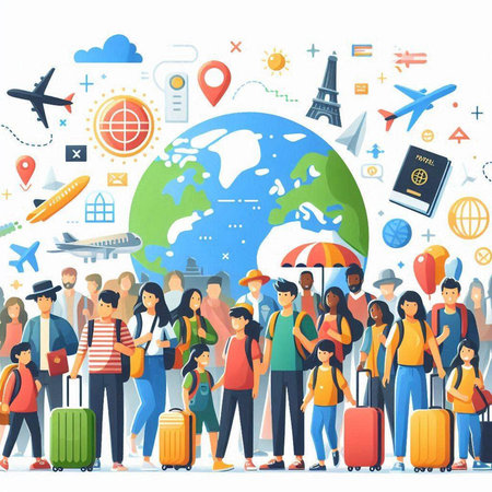 People Traveling Around the World. Group of Tourists with Luggage, Airplane, Globe, Passport, Umbrella and Map. Cartoon Flat Vector Illustrationのイラスト素材