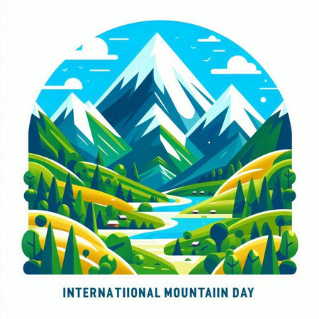 International Day of Nature. Vector illustration with mountains, river and forest.のイラスト素材