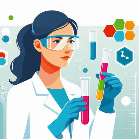 Vector illustration of a female scientist holding test tubes with chemical solutions.のイラスト素材