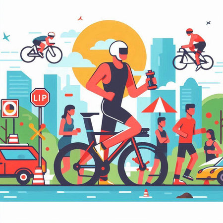 Cyclists in the city. Vector illustration in flat style.のイラスト素材